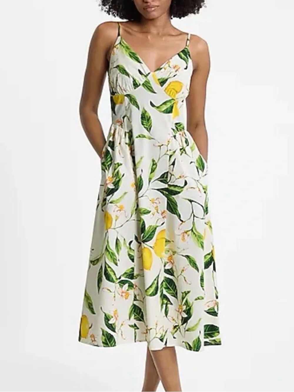 Express White Lemon-Print Midi Dress with Spaghetti Straps